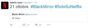 Il tweet di Netflix Italia con cui si annuncia la release dei nuovi episodi di "Black Mirror"